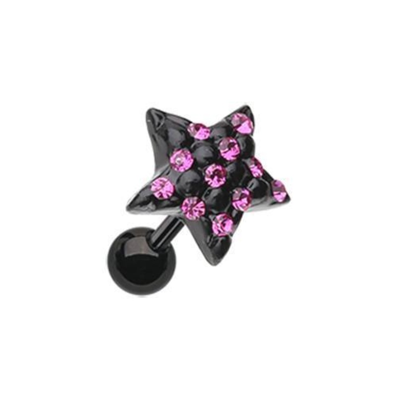 Fuchsia Black Star Multi-Gem Tragus Cartilage Barbell Earring – 1 Piece 18G (1mm) Length: 1/4″ (6mm)