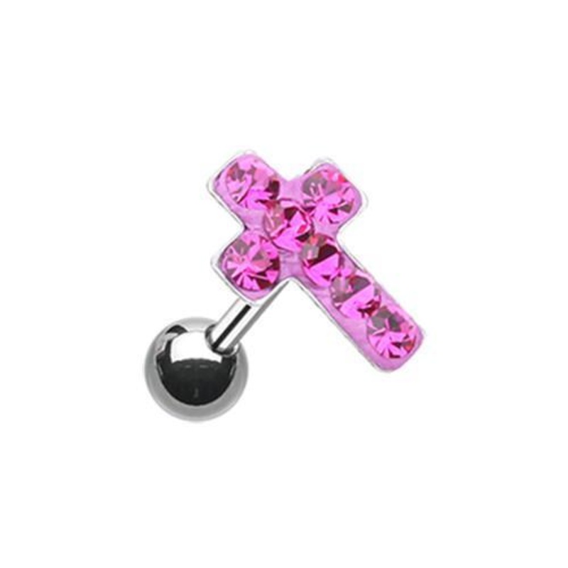 Fuchsia Cross Multi-Sprinkle Dot Multi-Gem Tragus Cartilage Barbell Earring – 1 Piece 18G (1mm) Length: 1/4″ (6mm)