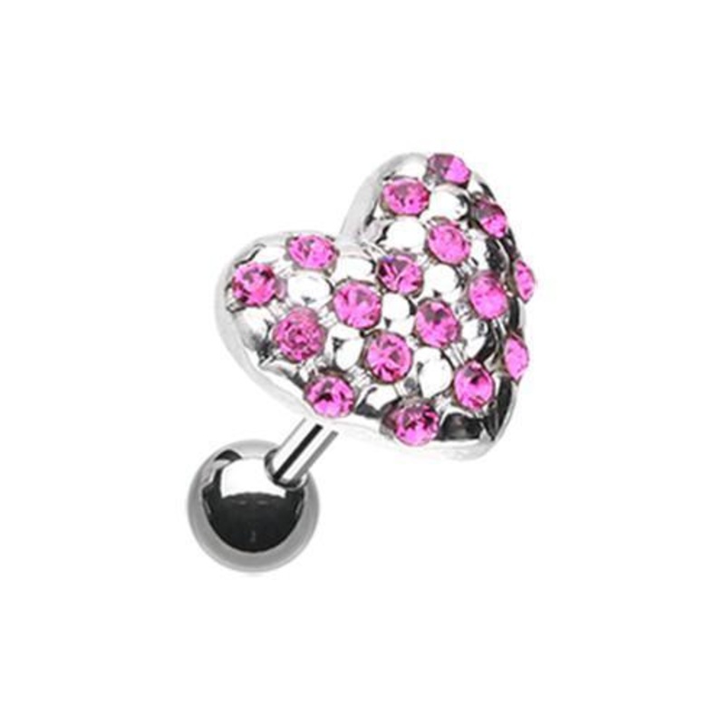 Fuchsia Fluffy Heart Multi-Gem Tragus Cartilage Barbell Earring – 1 Piece 18G (1mm) Length: 1/4″ (6mm)