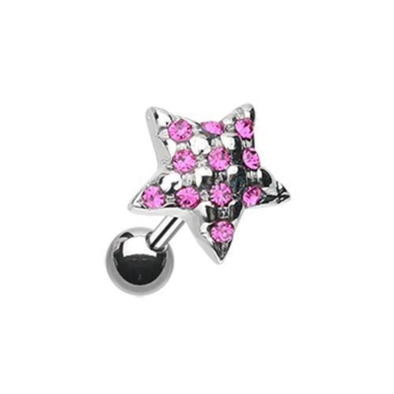 Fuchsia Fluffy Star Multi-Gem Tragus Cartilage Barbell Earring – 1 Piece 18G (1mm) Length: 1/4″ (6mm)