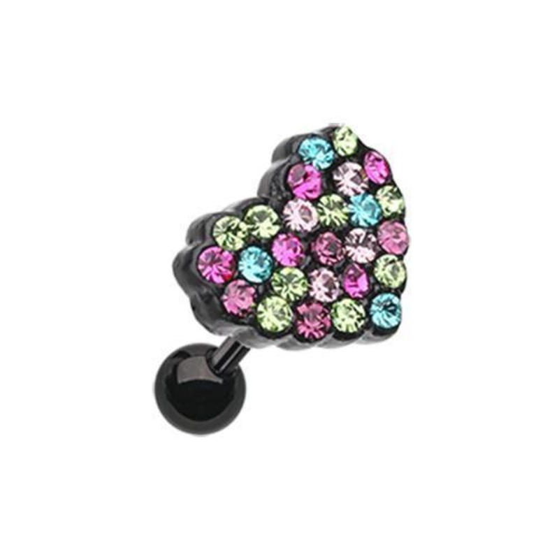 Green/Fuchsia/Turquoise Sprinkles Heart Multi-Gem Tragus Cartilage Barbell Earring – 1 Piece 18G (1mm) Length: 1/4″ (6mm)