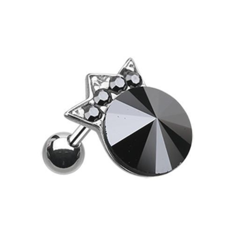 Hematite Crown Topped Gem Tragus Cartilage Barbell Earring – 1 Piece 18G (1mm) Length: 1/4″ (6mm) | Ball-Size: 5/16″ (8mm)