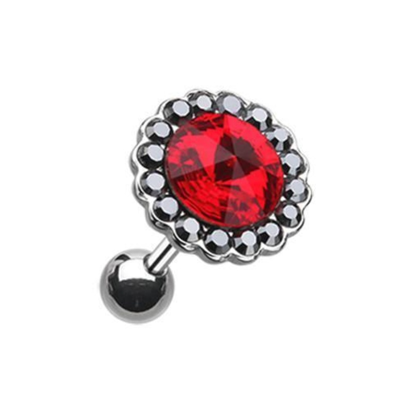 Hematite/Red Studded Gem Crystal Tragus Cartilage Barbell Earring – 1 Piece 18G (1mm) Length: 1/4″ (6mm) | Ball-Size: 3/8″ (10mm)