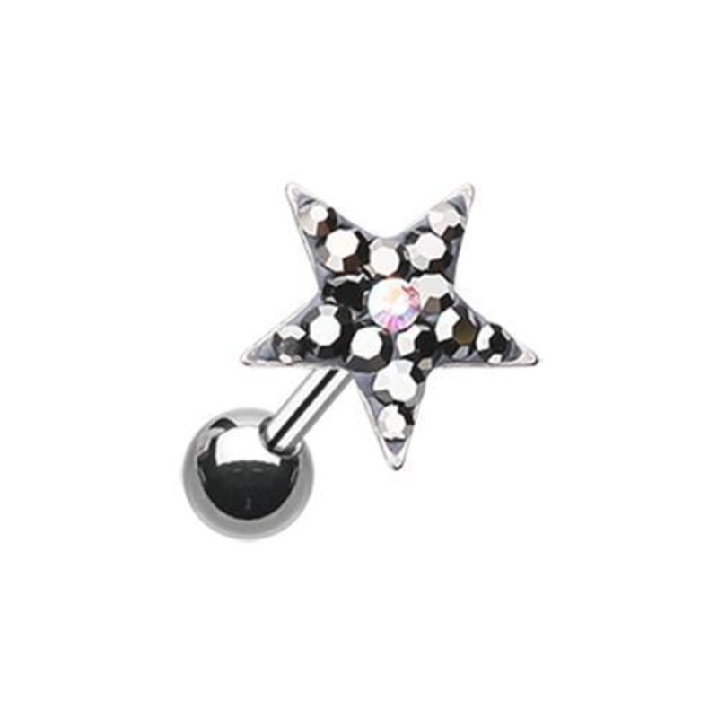 Hematite Star Point Multi-Sprinkle Dot Multi-Gem Tragus Cartilage Barbell Earring – 1 Piece 18G (1mm) Length: 1/4″ (6mm)