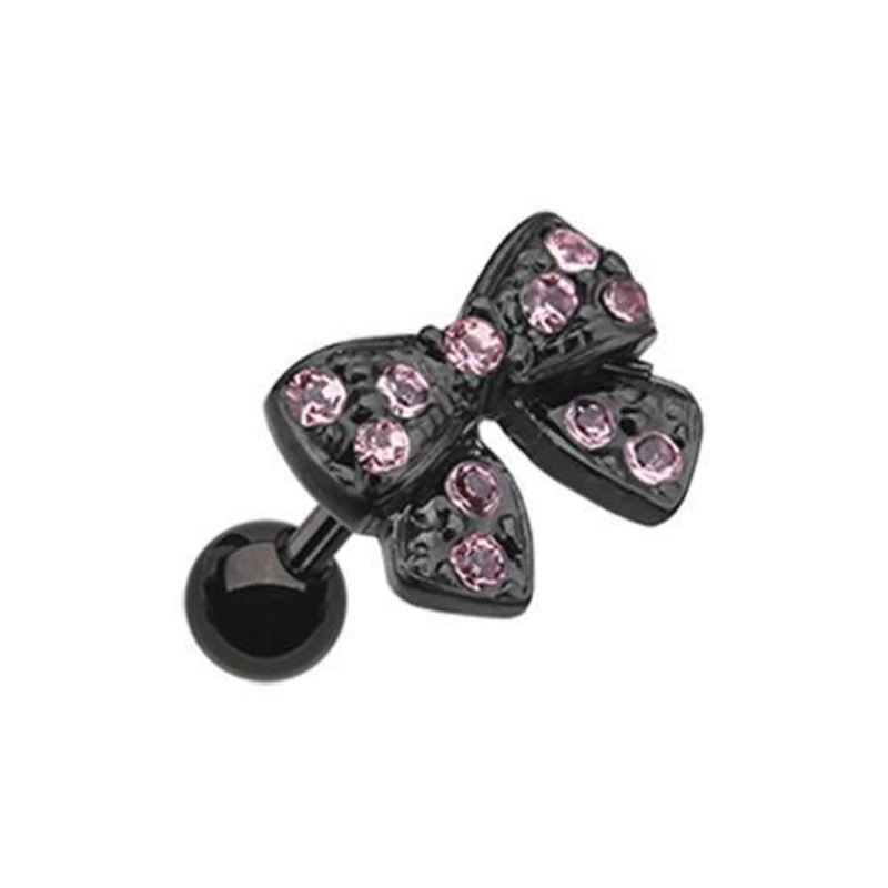 Pink Black Dainty Bow-Tie Tragus Cartilage Barbell Earring – 1 Piece 18G (1mm) Length: 1/4″ (6mm)