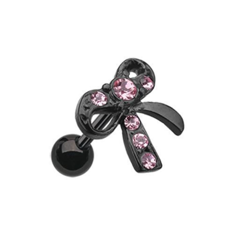 Pink Black Lacy Bow-Tie Tragus Cartilage Barbell Earring – 1 Piece 18G (1mm) Length: 1/4″ (6mm)