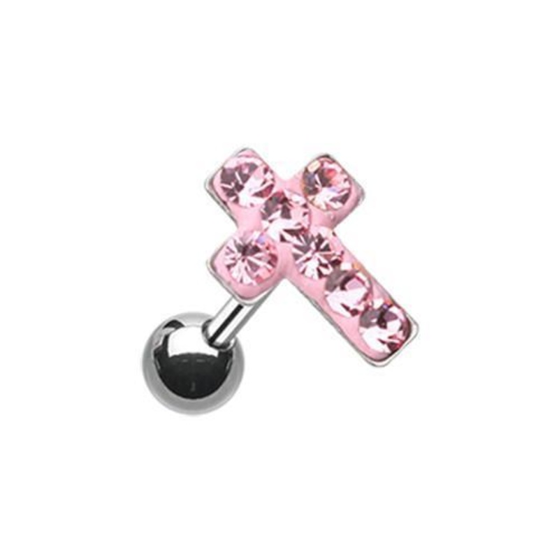 Pink Cross Multi-Sprinkle Dot Multi-Gem Tragus Cartilage Barbell Earring – 1 Piece 18G (1mm) Length: 1/4″ (6mm)