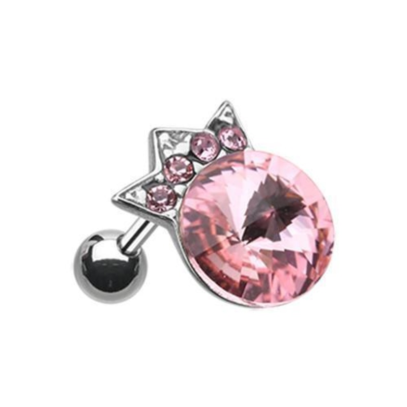 Pink Crown Topped Gem Tragus Cartilage Barbell Earring – 1 Piece 18G (1mm) Length: 1/4″ (6mm) | Ball-Size: 5/16″ (8mm)