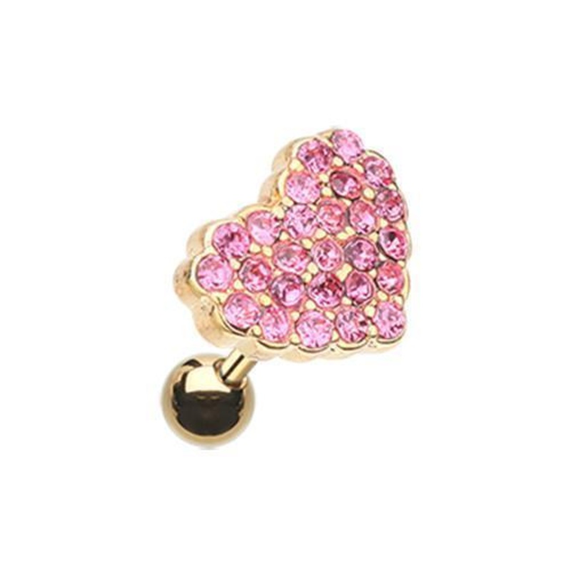 Pink Golden Multi-Sprinkle Dot Heart Multi-Gem Tragus Cartilage Barbell Earring – 1 Piece 18G (1mm) Length: 1/4″ (6mm)