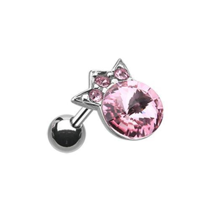 Pink Mini Crown Topped Gem Tragus Cartilage Barbell Earring – 1 Piece 18G (1mm) Length: 1/4″ (6mm) | Ball-Size: 1/4″ (6mm)