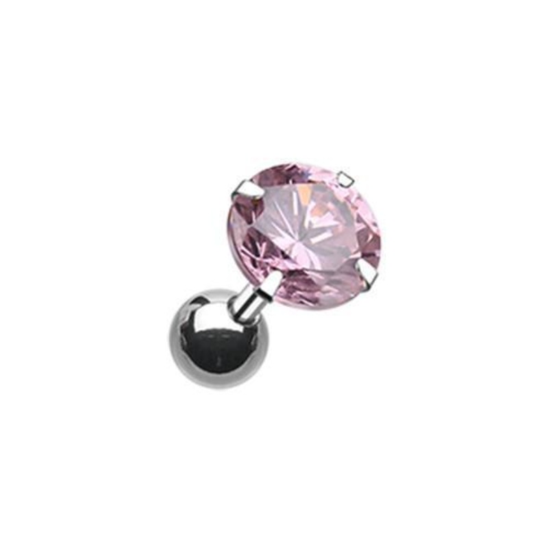 Pink Round Gem Crystal Tragus Cartilage Barbell Earring – 1 Piece 18G (1mm) Length: 1/4″ (6mm) | Ball-Size: 1/4″ (6mm)