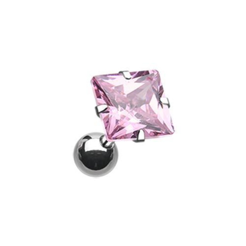 Pink Square Gem Crystal Tragus Cartilage Barbell Earring – 1 Piece 18G (1mm) Length: 1/4″ (6mm) | Ball-Size: 1/4″ (6mm)