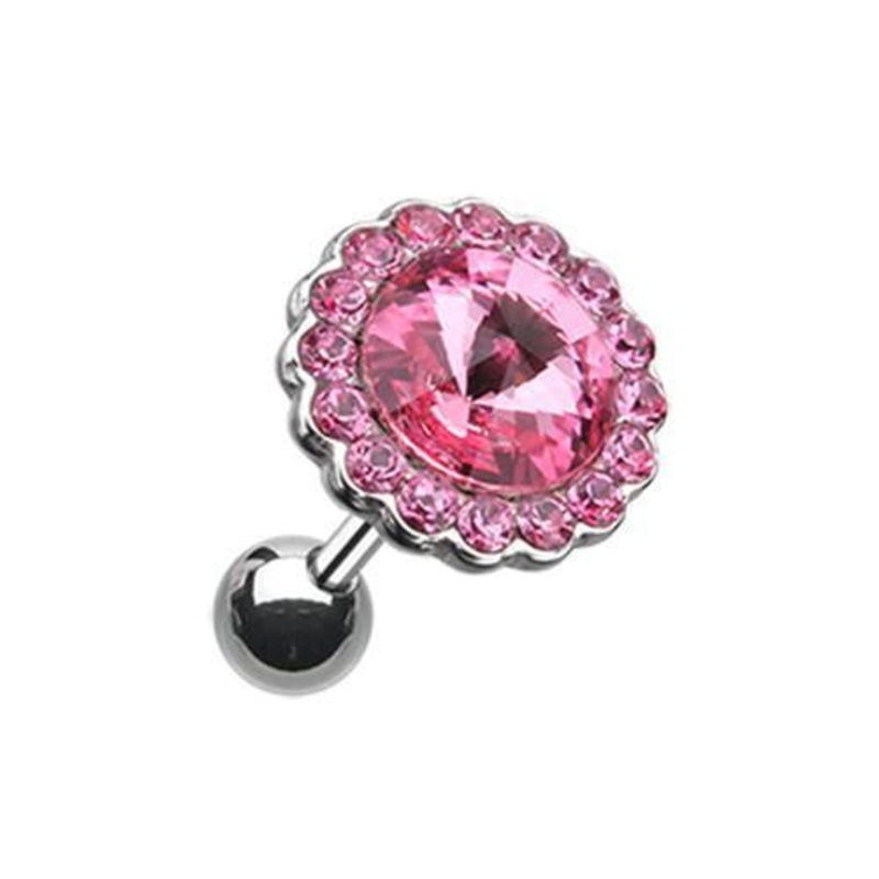 Pink Studded Gem Unity Crystal Tragus Cartilage Barbell Earring – 1 Piece 18G (1mm) Length: 1/4″ (6mm) | Ball-Size: 3/8″ (10mm)