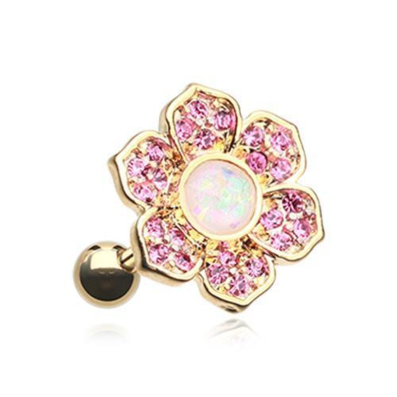 Pink/White Golden Opal Avens Flower Tragus Cartilage Barbell Earring – 1 Piece 18G (1mm) Length: 1/4″ (6mm)