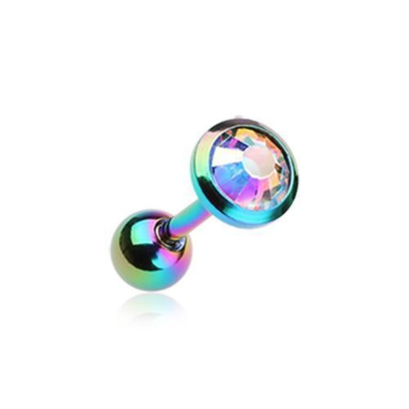 Rainbow/Aurora Borealis Gem Sparkle Tragus Cartilage Barbell Earring – 1 Piece 18G (1mm) Length: 1/4″ (6mm) | Ball-Size: 1/8″ (3mm)