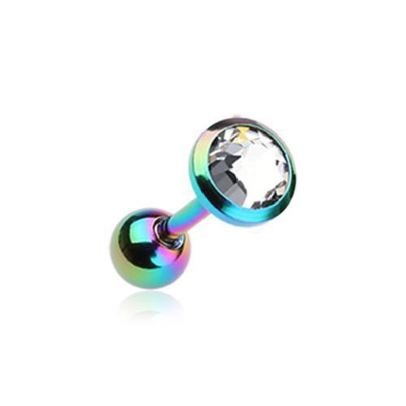 Rainbow/Clear Gem Sparkle Tragus Cartilage Barbell Earring – 1 Piece 18G (1mm) Length: 1/4″ (6mm) | Ball-Size: 1/8″ (3mm)