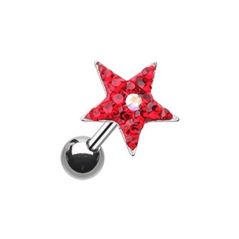 Red Star Point Multi-Sprinkle Dot Multi-Gem Tragus Cartilage Barbell Earring – 1 Piece 18G (1mm) Length: 1/4″ (6mm) Red