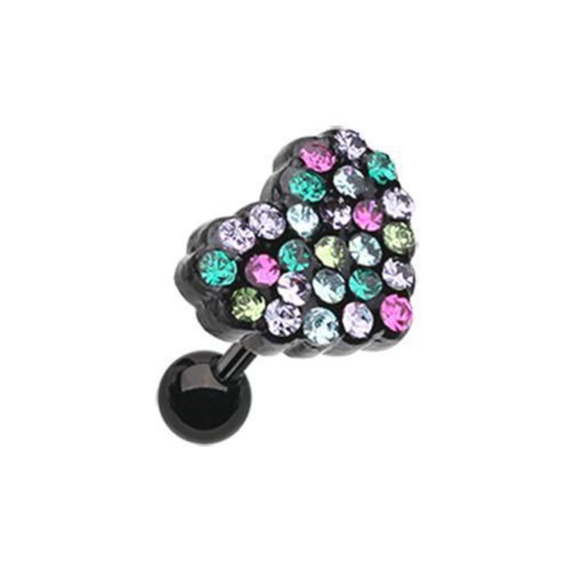 Tanzanite/Green/Fuchsia Sprinkles Heart Multi-Gem Tragus Cartilage Barbell Earring – 1 Piece 18G (1mm) Length: 1/4″ (6mm)