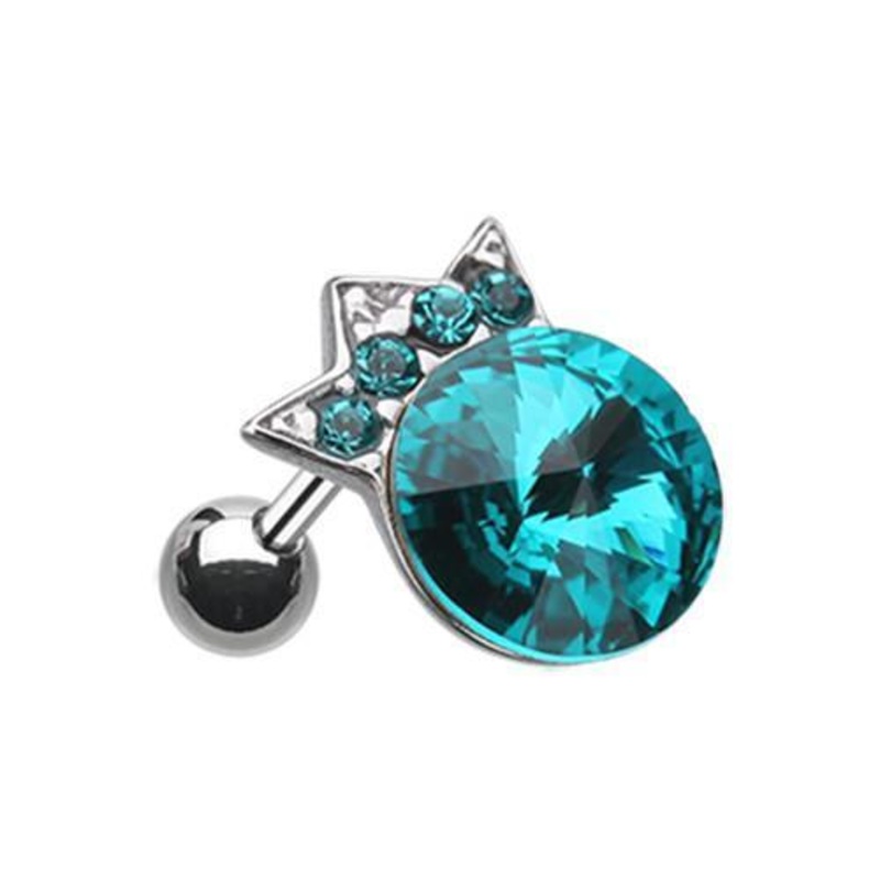 Teal Crown Topped Gem Tragus Cartilage Barbell Earring – 1 Piece 18G (1mm) Length: 1/4″ (6mm) | Ball-Size: 5/16″ (8mm)