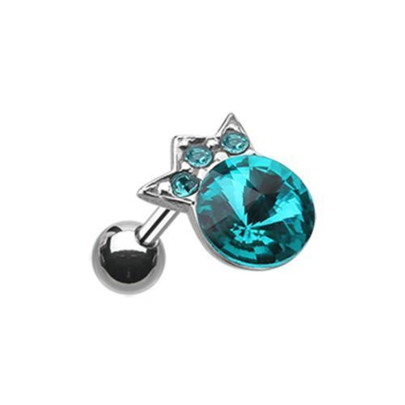 Teal Mini Crown Topped Gem Tragus Cartilage Barbell Earring – 1 Piece 18G (1mm) Length: 1/4″ (6mm) | Ball-Size: 1/4″ (6mm)