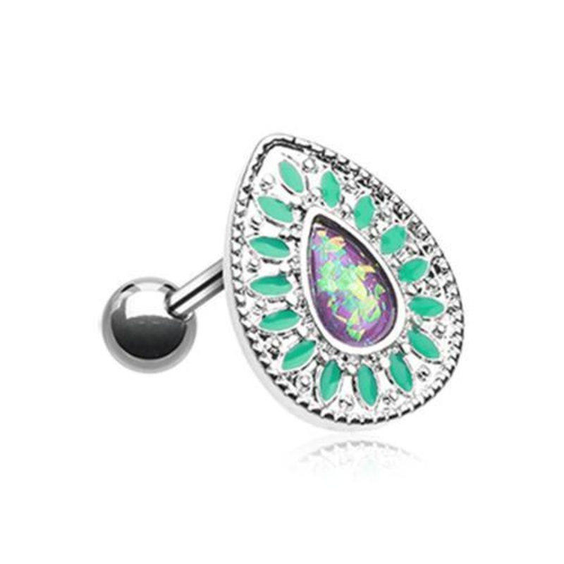 Teal/Purple Chakra Opal Tragus Cartilage Barbell Earring – 1 Piece 18G (1mm) Length: 1/4″ (6mm)