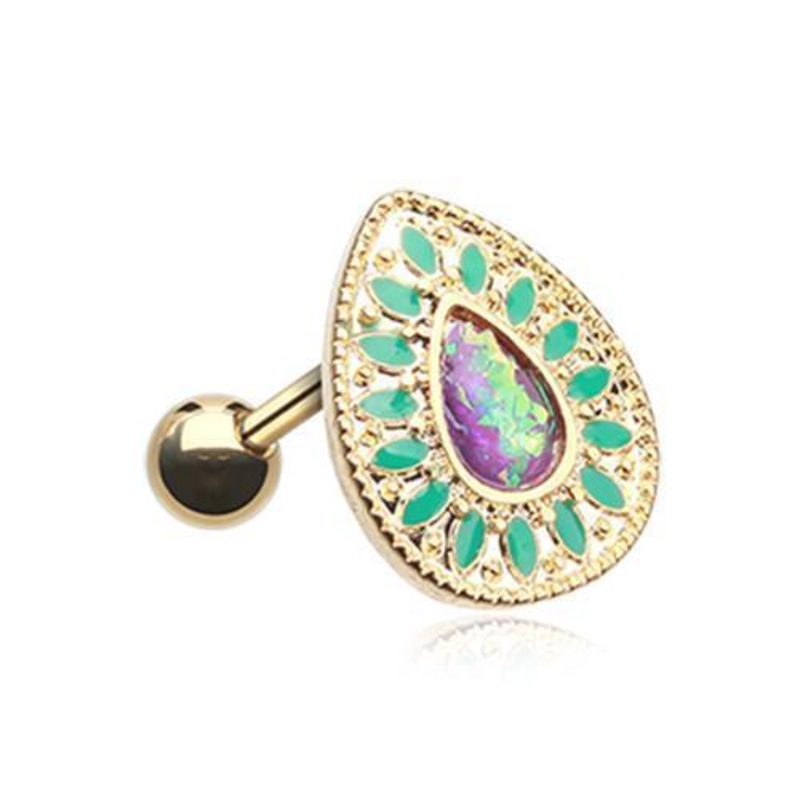Teal/Purple Golden Chakra Opal Tragus Cartilage Barbell Earring – 1 Piece 18G (1mm) Length: 1/4″ (6mm)