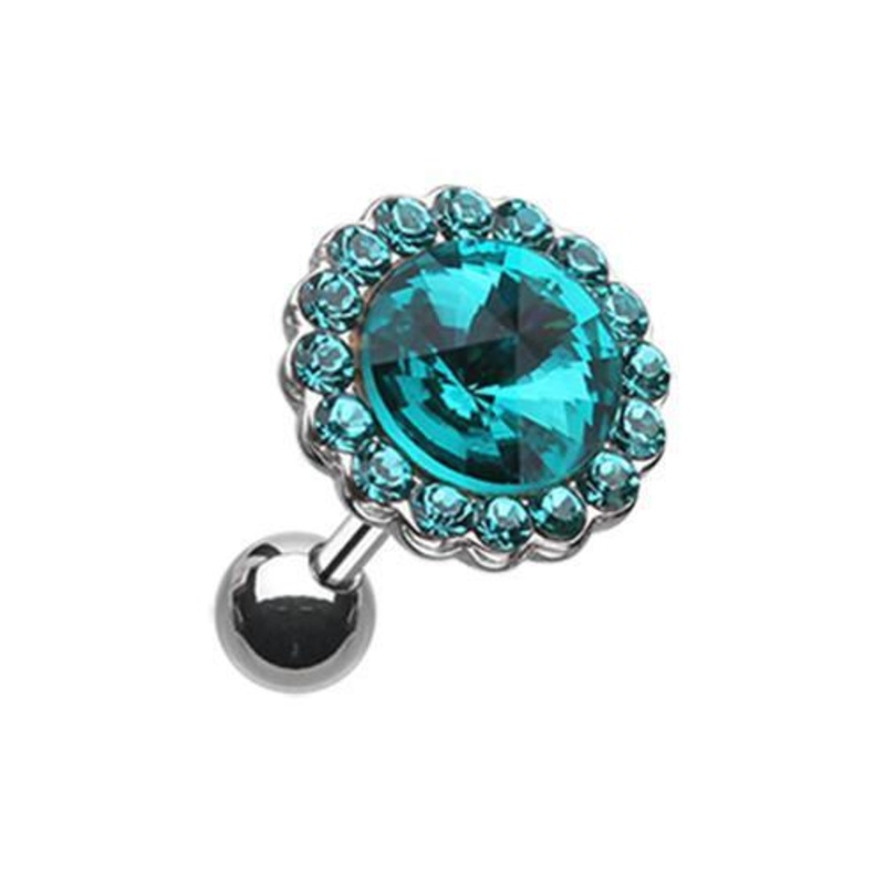 Teal Studded Gem Unity Crystal Tragus Cartilage Barbell Earring – 1 Piece 18G (1mm) Length: 1/4″ (6mm) | Ball-Size: 3/8″ (10mm)