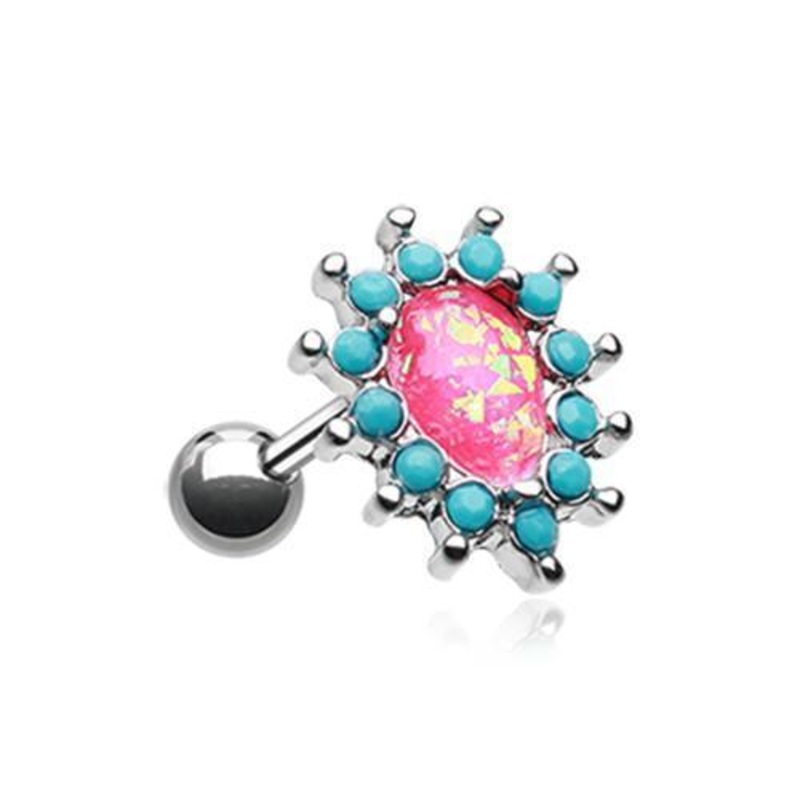 Turquoise/Pink Opulent Opal Turquoise Tragus Cartilage Barbell Earring – 1 Piece 18G (1mm) Length: 1/4″ (6mm)