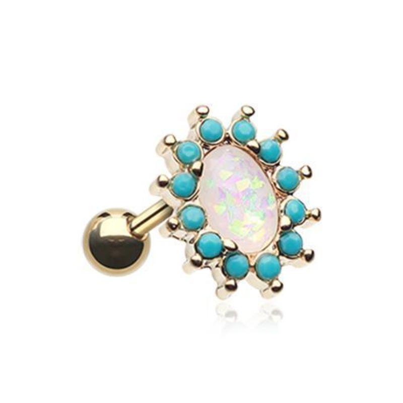 Turquoise/White Golden Elegant Opal Turquoise Tragus Cartilage Barbell Earring – 1 Piece 18G (1mm) Length: 1/4″ (6mm)