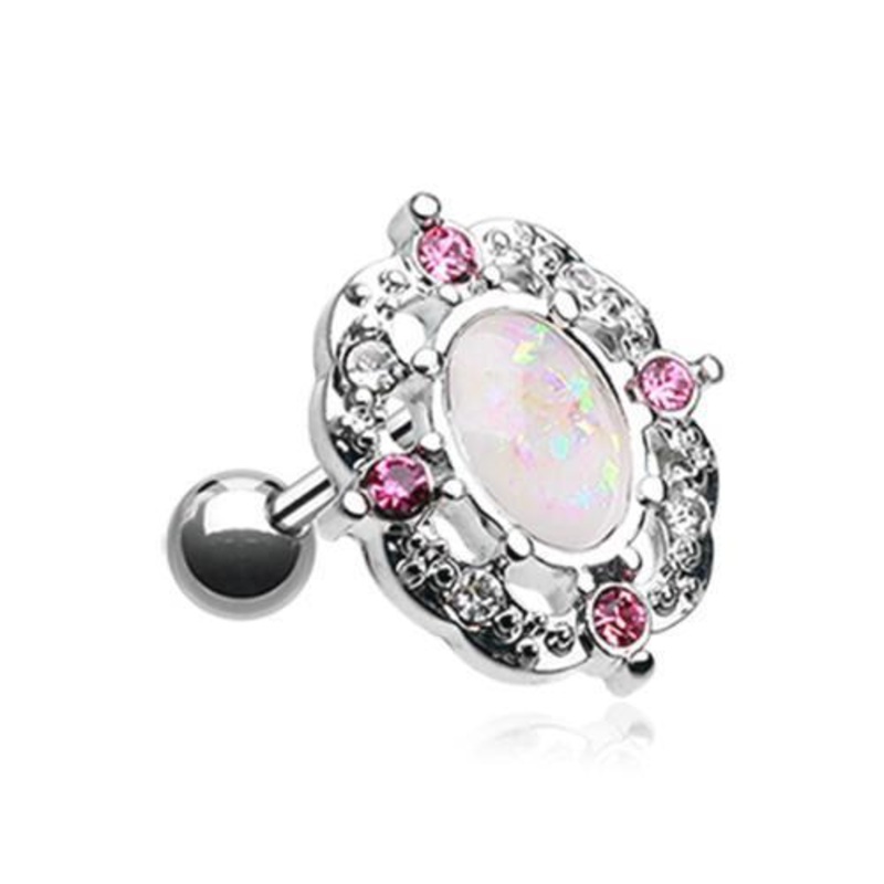 White Grand Florid Opal Tragus Cartilage Barbell Earring – 1 Piece 18G (1mm) Length: 1/4″ (6mm)