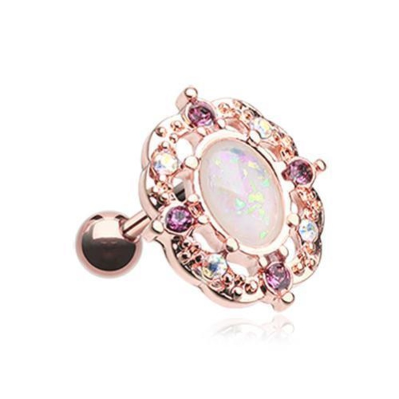 White Rose Gold Grand Florid Opal Tragus Cartilage Barbell Earring – 1 Piece 18G (1mm) Length: 1/4″ (6mm)