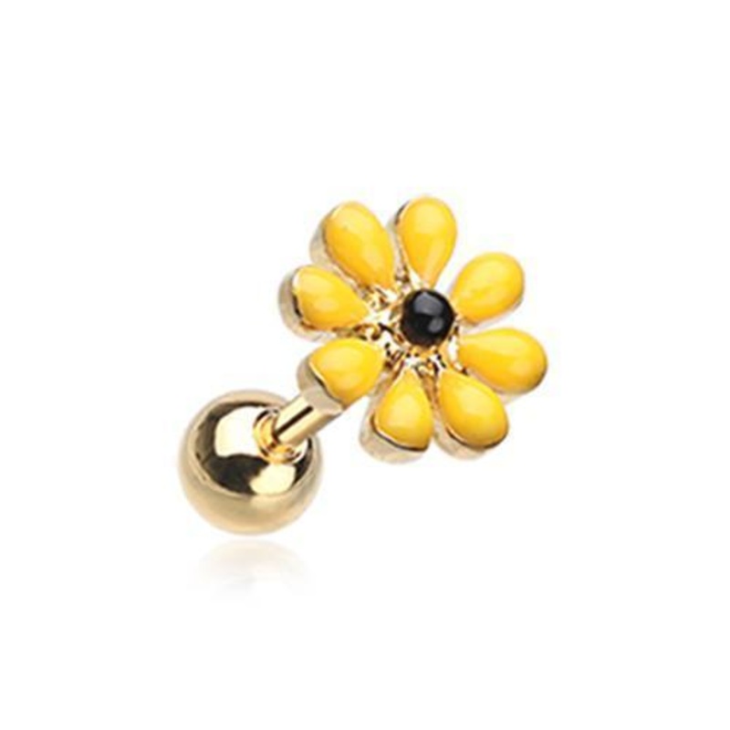 Yellow/Black Golden Spring Blossom Flower Tragus Cartilage Barbell Earring – 1 Piece 18G (1mm) Length: 1/4″ (6mm)