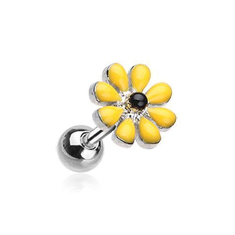 Yellow/Black Spring Blossom Flower Tragus Cartilage Barbell Earring – 1 Piece 18G (1mm) Length: 1/4″ (6mm)