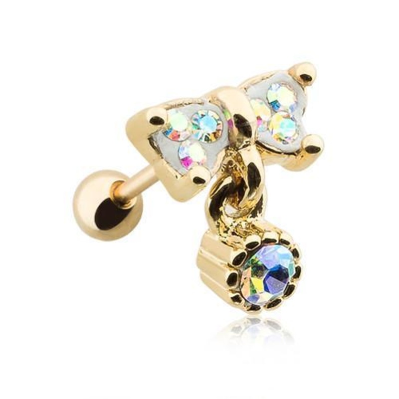 Aurora Borealis Golden AB Bow-Tie Dangle Tragus Cartilage Barbell Earring – 1 Piece 18G (1mm) Length: 1/4″ (6mm)