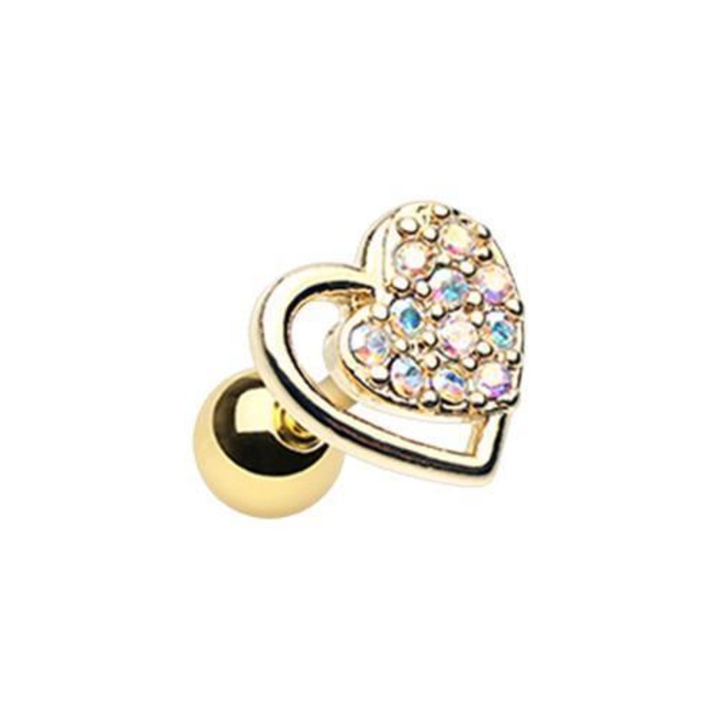 Aurora Borealis Golden Dreamy Heart Tragus Cartilage Barbell Earring – 1 Piece 18G (1mm) Length: 1/4″ (6mm)