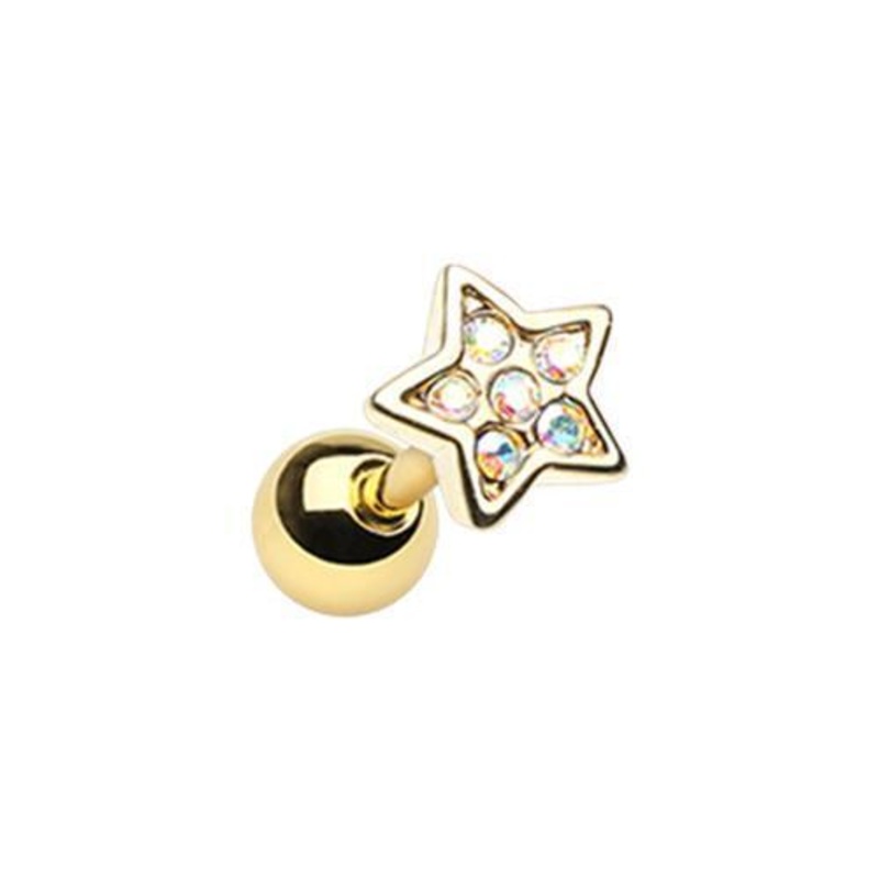 Aurora Borealis Golden Twinkling Star Tragus Cartilage Barbell Earring – 1 Piece 18G (1mm) Length: 1/4″ (6mm)