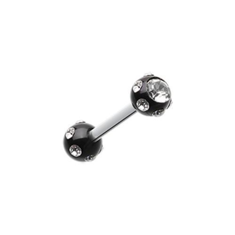 Black/Clear Double Aurora Gem Ball Acrylic Top Tragus Cartilage Barbell Earring – 1 Piece 16G (1.2mm) Length: 5/16″ (8mm) | Ball-Size: 1/8″ (3mm)
