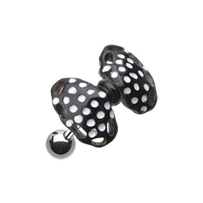 Black Polka Dots Bow-Tie Tragus Cartilage Barbell Earring – 1 Piece 18G (1mm) Length: 1/4″ (6mm)