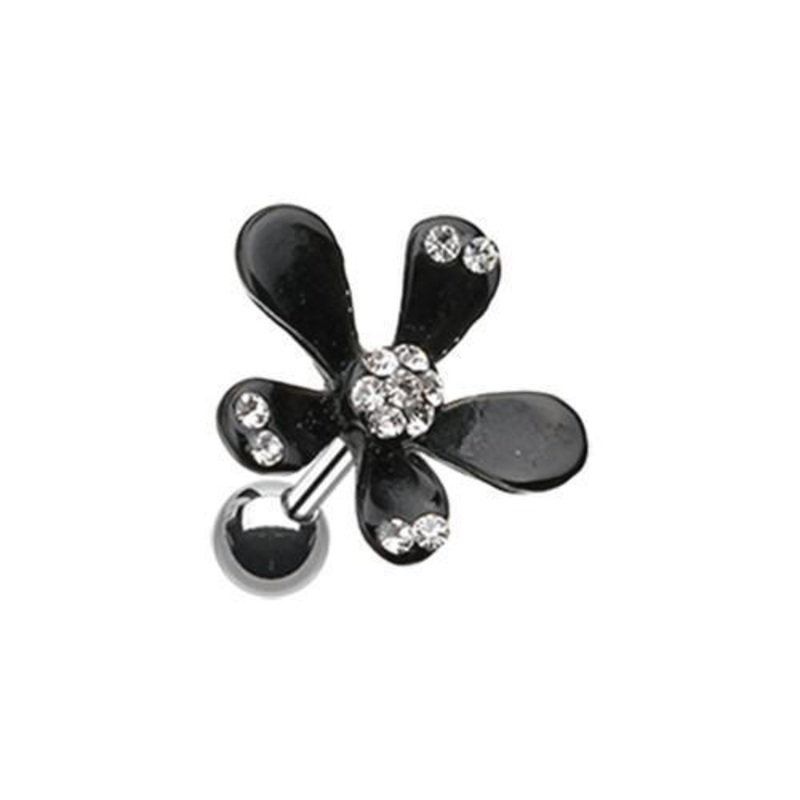 Black Spring Flower Bloom Tragus Cartilage Barbell Earring – 1 Piece 18G (1mm) Length: 1/4″ (6mm)