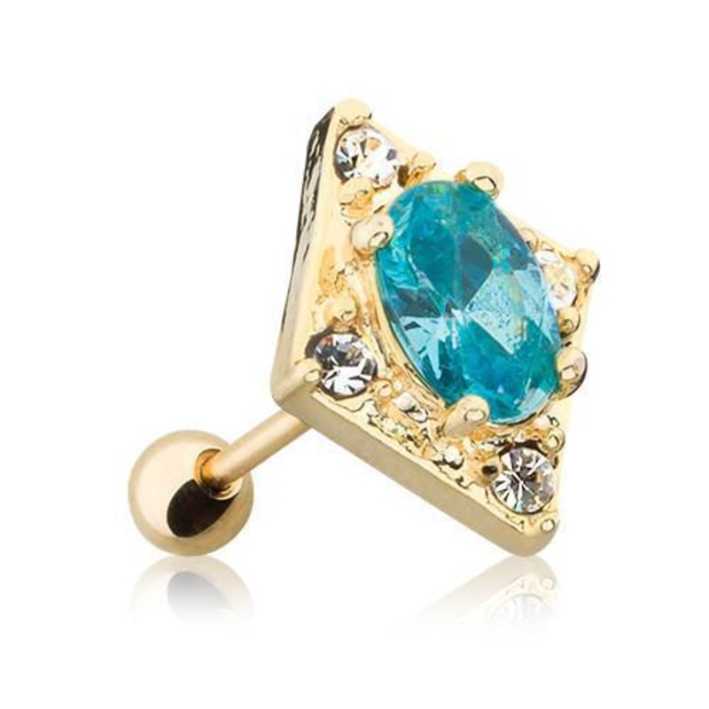 Clear/Aqua Golden Aqua Diamond Ornate Tragus Cartilage Barbell Earring – 1 Piece 18G (1mm) Length: 1/4″ (6mm)