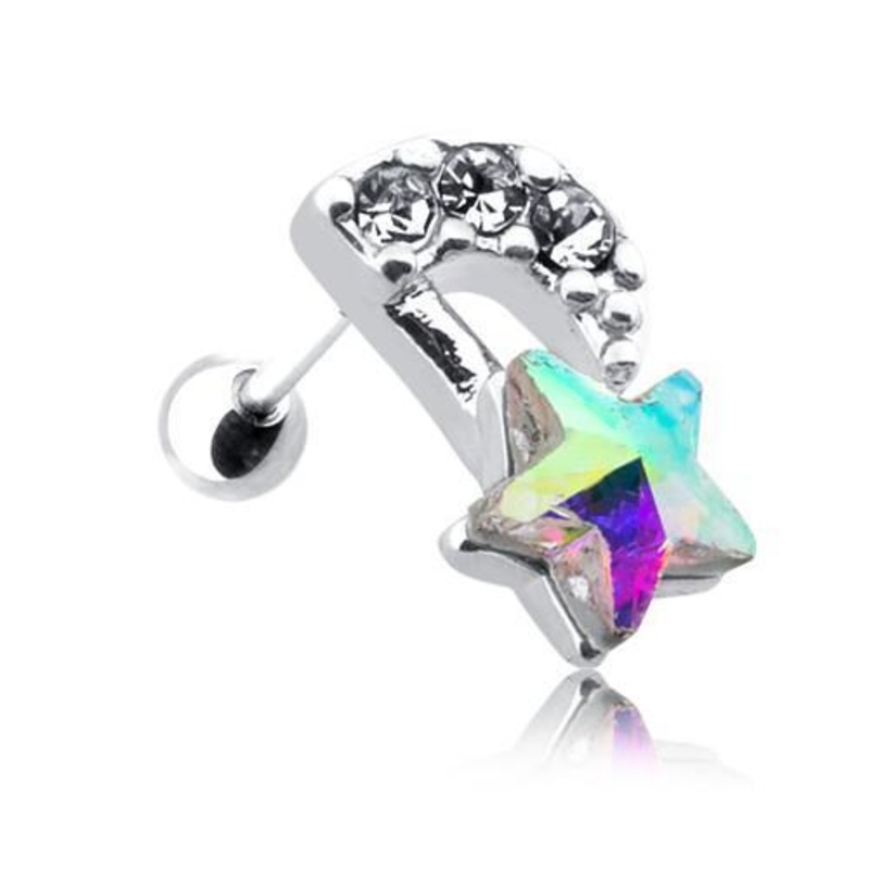 Clear/Aurora Borealis Celestial Shooting Star Tragus Cartilage Barbell Earring – 1 Piece 18G (1mm) Length: 1/4″ (6mm)