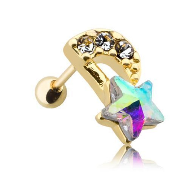 Clear/Aurora Borealis Golden Celestial Shooting Star Tragus Cartilage Barbell Earring – 1 Piece 18G (1mm) Length: 1/4″ (6mm)