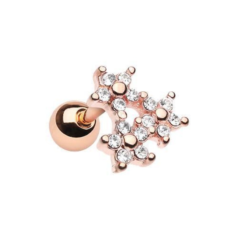 Clear Rose Gold Flourishing Triple Spring Flower Cluster Tragus Cartilage Barbell Earring – 1 Piece 18G (1mm) Length: 1/4″ (6mm)