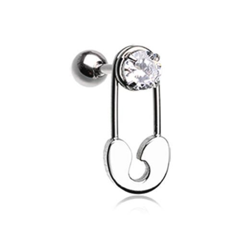Clear Sparkle Safety Pin Tragus Cartilage Barbell Earring – 1 Piece 18G (1mm) Length: 1/4″ (6mm)