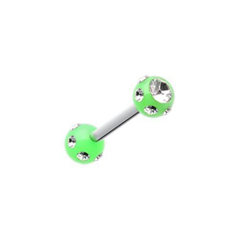 Green/Clear Double Aurora Gem Ball Acrylic Top Tragus Cartilage Barbell Earring – 1 Piece 16G (1.2mm) Length: 5/16″ (8mm) | Ball-Size: 1/8″ (3mm)