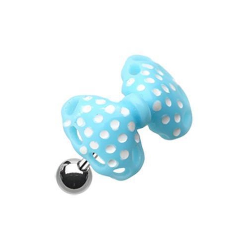 Light Blue Polka Dots Bow-Tie Tragus Cartilage Barbell Earring – 1 Piece 18G (1mm) Length: 1/4″ (6mm)