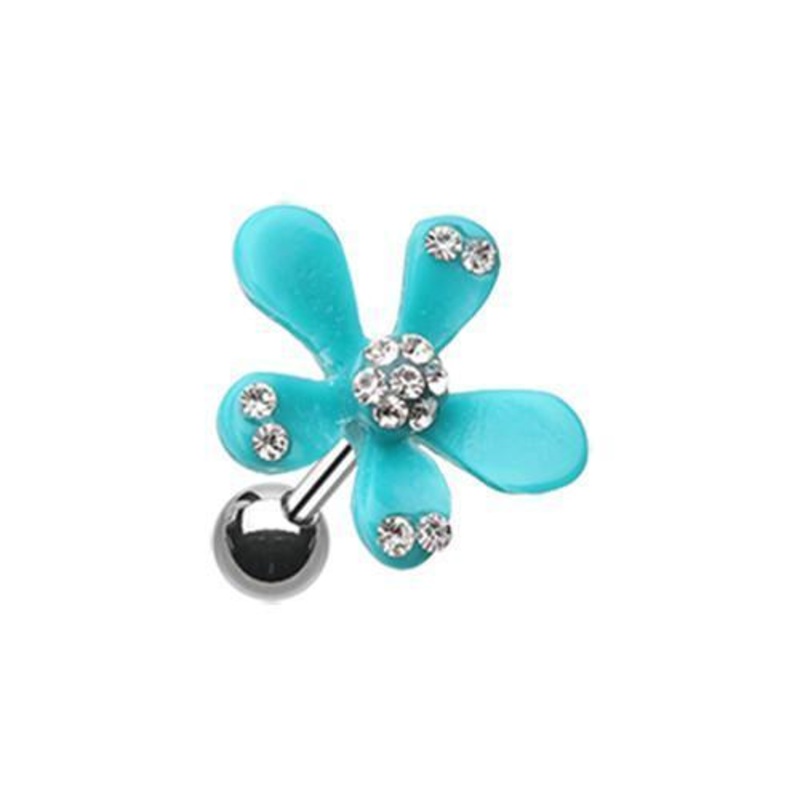 Light Blue Spring Flower Bloom Tragus Cartilage Barbell Earring – 1 Piece 18G (1mm) Length: 1/4″ (6mm)