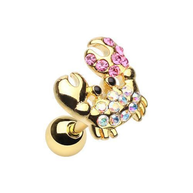 Pink/Aurora Borealis Golden Posh Sea Crab Tragus Cartilage Barbell Earring – 1 Piece 18G (1mm) Length: 1/4″ (6mm)