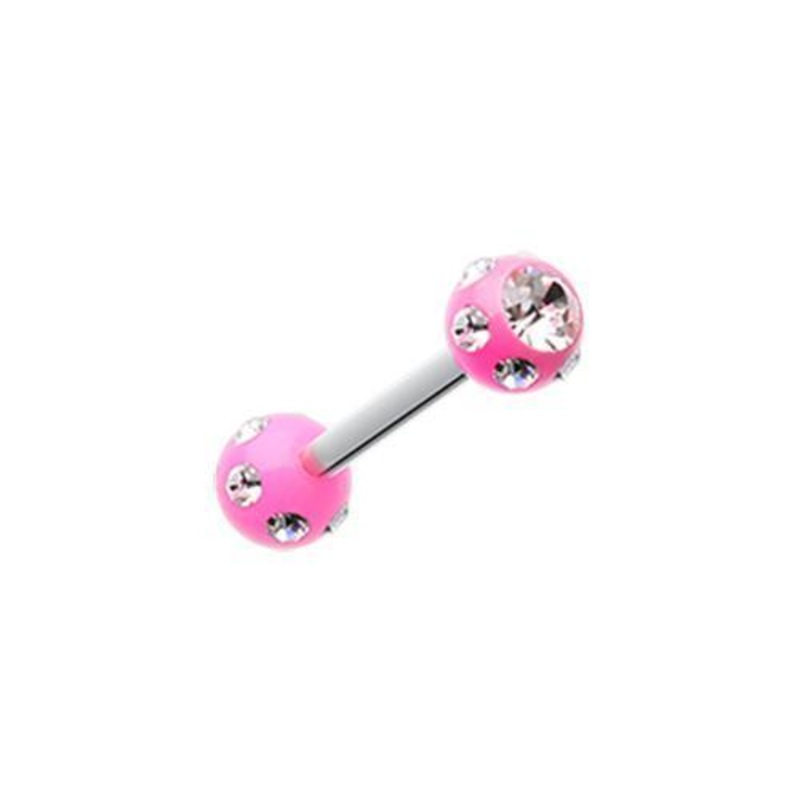 Pink/Clear Double Aurora Gem Ball Acrylic Top Tragus Cartilage Barbell Earring – 1 Piece 16G (1.2mm) Length: 5/16″ (8mm) | Ball-Size: 1/8″ (3mm)
