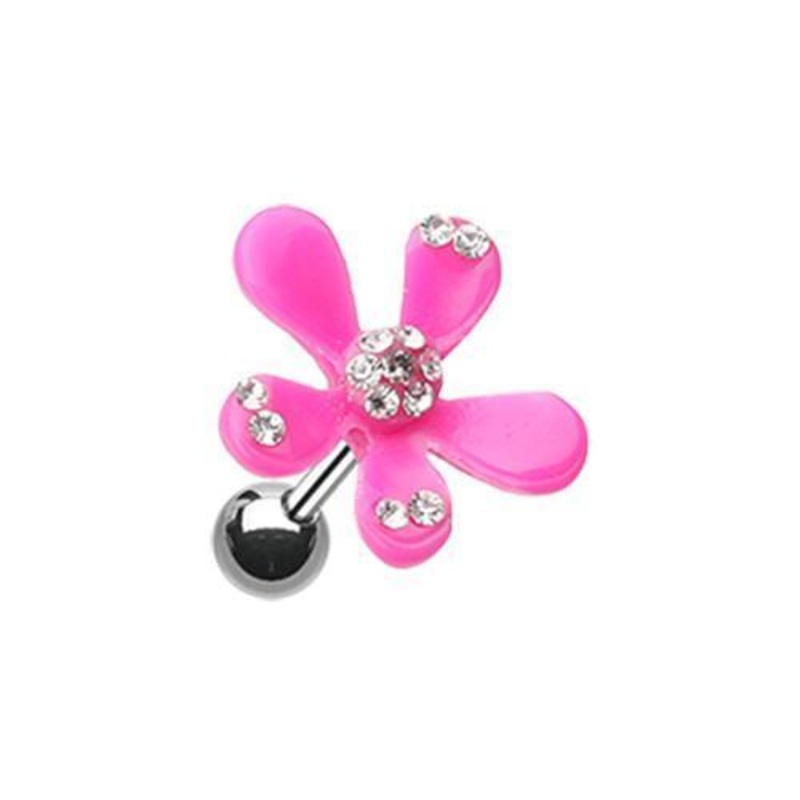 Pink Spring Flower Bloom Tragus Cartilage Barbell Earring – 1 Piece 18G (1mm) Length: 1/4″ (6mm)